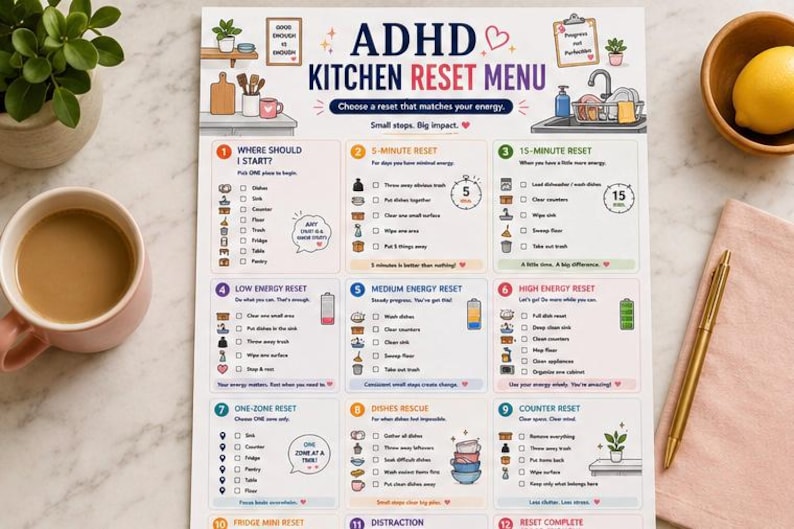 May include: A printed ADHD Kitchen Reset Menu checklist featuring twelve categorized cleaning tasks with icons, checkboxes, and text instructions. The document is organized into sections like 5-minute, 15-minute, low, medium, and high energy resets.