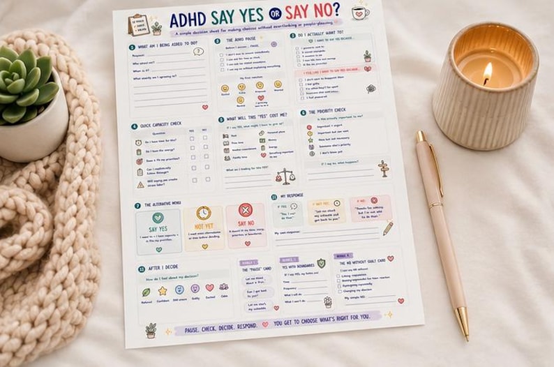 May include: A white paper decision sheet titled ADHD SAY YES OR SAY NO? featuring colorful sections for decision-making, including a quick capacity check, priority check, and response options, with small icons and text prompts throughout the page.