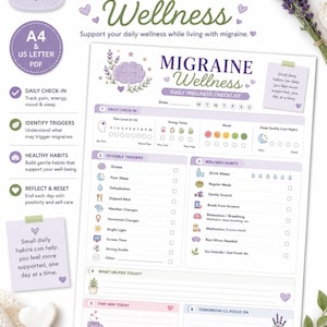 May include: A printable Migraine Wellness daily checklist document featuring sections for daily check-ins, trigger identification, and wellness habits. The layout includes purple text, icons, and floral accents, with fields for date, pain levels, and daily reflections.
