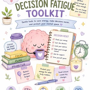 May include: An ADHD Decision Fatigue Toolkit poster featuring a pink brain character holding a mug, a notepad with a Decision Reset checklist, stacked books labelled Focus, Plan, Prioritize, a green alarm clock, a candle, and various motivational notes.
