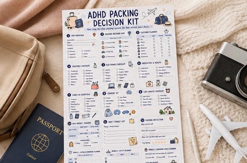 May include: A white paper ADHD Packing Decision Kit checklist with blue text and colorful icons. The document features sections for trip overview, packing maps, clothing, toiletries, electronics, medication, carry-on, and comfort items.