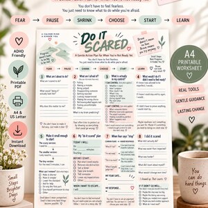May include: A printable A4 worksheet titled Do It Scared, A Gentle Action Plan for When You're Not Ready Yet. The document features eight numbered sections with checkboxes and prompts to manage fear, including sections for planning, reflection, and small steps.