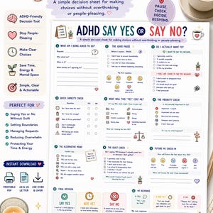 Op de afbeelding: Een wit papieren beslissingsblad getiteld ADHD SAY YES OR SAY NO? met twaalf genummerde secties met selectievakjes, pictogrammen en prompts om verzoeken te evalueren. De lay-out bevat tekstvelden, emoji-achtige gezichten en beslissingsschalen.