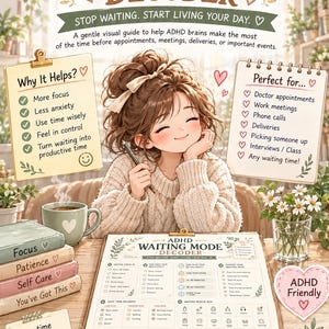 May include: An ADHD Waiting Mode Decoder guide featuring a central illustration of a person with a pen, surrounded by informational text, checklists, and icons. The document includes sections titled Why It Helps, Perfect for, and a task decoder chart.