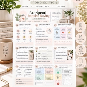May include: A printable No-Spend Impulse Buying ADHD Edition worksheet featuring nine numbered sections with checklists, icons, and prompts to manage spending habits. The document includes text headers, checkboxes, and instructional steps for mindful purchasing.