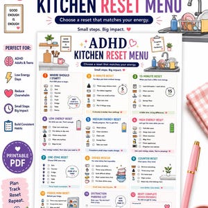 Puede incluir: Un menú imprimible de reinicio de cocina para TDAH con doce listas de tareas numeradas para la limpieza del hogar. El documento incluye iconos, casillas de verificación y texto para guiar a los usuarios a través de rutinas de limpieza según su energía.