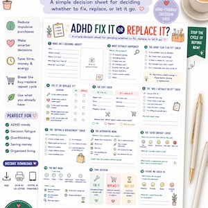 Może przedstawiać: Wydrukowany arkusz decyzyjny zatytułowany ADHD FIX IT OR REPLACE IT? z dwunastoma numerowanymi sekcjami, listami kontrolnymi, ikonami i wskazówkami pomagającymi ocenić, czy naprawić lub wymienić przedmioty, w tym sekcja z 5-minutowym testem naprawy.