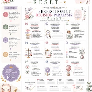 Puede incluir: Un PDF imprimible titulado Perfectionist Decision Paralysis Reset, que presenta diez secciones numeradas con orientación, ilustraciones florales e iconos como una balanza, un globo aerostático y un frasco para ayudar a tomar decisiones.