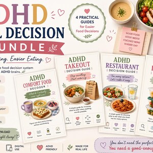 May include: An ADHD meal decision bundle featuring four printed guides titled ADHD Comfort Food Decoder, ADHD Takeout Decision Guide, ADHD Restaurant Decision Guide, and ADHD Leftover Decision Guide, with colorful illustrations of food and meal planning icons.