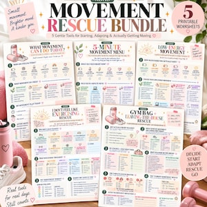 Puede incluir: Un paquete de cinco hojas de trabajo imprimibles sobre movimiento para TDAH con listas de verificación y guías de actividad. Los documentos incluyen títulos como What Movement Can I Do Today, 5-Minute Movement Menu, Low-Energy Movement, I Don't Feel Like Exercising Rescue y Gym Bag + Leaving-The-House Rescue.