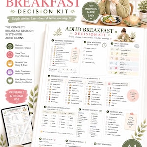 Può includere: Un kit decisionale per la colazione ADHD in formato stampabile che include un controllo cerebrale mattutino, opzioni per la colazione, una lista della spesa e sezioni di riflessione. Il layout presenta caselle di controllo e liste di pianificazione.