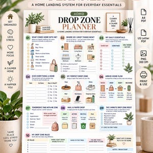 Può includere: Un documento stampabile ADHD Drop Zone Planner con dieci sezioni organizzate per la gestione della casa. Il layout include liste di controllo, diagrammi di flusso e icone per gli oggetti essenziali, la posta e le routine con intestazioni.