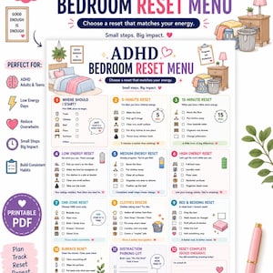 Könnte beinhalten: Ein druckbares ADHD Bedroom Reset Menu Dokument mit zwölf nummerierten Aufgabenlisten zum Aufräumen eines Zimmers. Die weiße Seite enthält bunte Symbole, Kontrollkästchen und Textanweisungen für energiebasierte Reinigungsschritte sowie einen rosa Stift.
