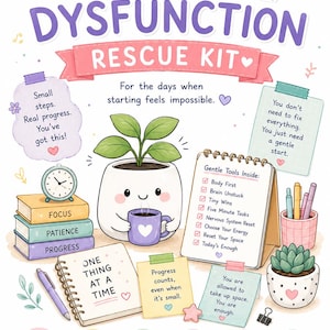 May include: A poster titled Executive Dysfunction Rescue Kit featuring a smiling plant in a pot, a stack of books labeled Focus, Patience, and Progress, a notepad with a checklist, sticky notes with encouraging text, and icons for mental wellness.