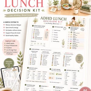 Puede incluir: Un kit de decisión para el almuerzo ADHD en formato de planificador imprimible que incluye un chequeo cerebral, opciones de comida, una sección para armar el almuerzo, una lista de compras y un área de reflexión con plantas.