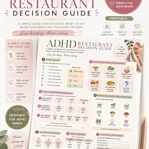 May include: A printable ADHD restaurant decision guide featuring a structured flow chart with eight steps to simplify meal choices. The document includes sections for quick check-ins, meal types, a three-question decision path, and menu scanning tips.