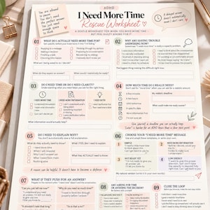 Puede incluir: Una hoja de trabajo impresa titulada ADHD I Need More Time Rescue Worksheet con nueve secciones numeradas, casillas de verificación, indicaciones y campos de texto para ayudar en la toma de decisiones, sobre un fondo blanco y rosa.