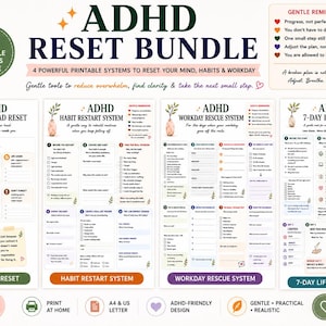 Könnte beinhalten: Ein digitales, druckbares ADHD Reset Bundle mit vier verschiedenen Systemen: Mental Load Reset, Habit Restart System, Workday Rescue System und 7-Day Life Reset. Jede Seite enthält strukturierte Checklisten, Aufforderungen und sanfte Erinnerungen.