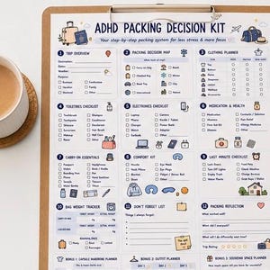 May include: A printed ADHD Packing Decision Kit on a clipboard featuring twelve numbered sections including trip overview, packing decision map, clothing planner, toiletries, electronics, medication, carry-on essentials, comfort kit, and bag weight tracker.