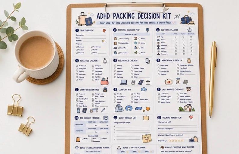 May include: A printed ADHD Packing Decision Kit on a clipboard featuring twelve numbered sections including trip overview, packing decision map, clothing planner, toiletries, electronics, medication, carry-on essentials, comfort kit, and bag weight tracker.