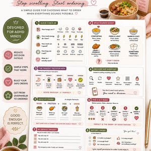 Op de afbeelding: Een witte ADHD Takeout Decision Guide gedrukt op papier met acht genummerde secties, inclusief checklists, stroomdiagrammen en iconen voor voedselkeuzes. De tekst bevat koppen zoals ADHD Takeout Decision Guide, Stop scrolling. Start ordering en diverse aanwijzingen om te helpen bij het kiezen van een maaltijd, alles in een overzichtelijke lay-out met zachte roze en groene accenten.