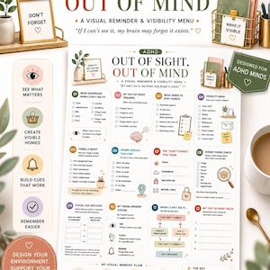 May include: A printable ADHD visual reminder and visibility menu worksheet titled Out of Sight, Out of Mind. The document features twelve numbered sections with checklists, flowcharts, and icons designed to help organize tasks and memory cues.