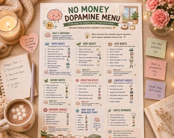 Kein Geld Dopamin Menü Printable | ADHS Checkliste für Selbstfürsorge, Unterstützung bei geringer Energie (PDF)