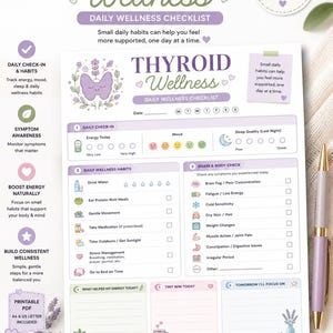 May include: A white A4 size Thyroid Wellness daily checklist printed on paper. The document features purple text, a butterfly illustration, and sections for daily check-ins, wellness habits, and brain and body symptom tracking with checkboxes.