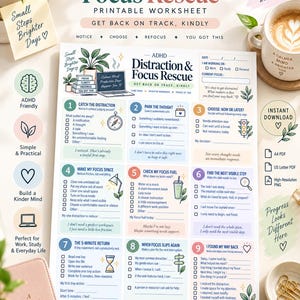 Könnte beinhalten: Ein ausdruckbares ADHD Distraction & Focus Rescue Arbeitsblatt mit neun nummerierten Schritten zur Aufgabenverwaltung. Das Dokument enthält Kontrollkästchen, Aufforderungen zur Konzentrationsverfolgung sowie Illustrationen von Pflanzen, einem Laptop und einer Kaffeetasse.