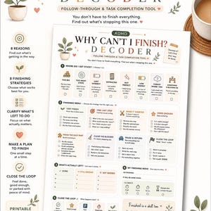 May include: A white ADHD Why Can't I Finish? Decoder task completion tool document featuring sections for identifying obstacles, finishing strategies, and task management steps with icons, checkboxes, and text prompts for executive function support.