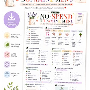 Può includere: Una scheda stampabile ADHD No-Spend Dopamine Menu con un'illustrazione di lavanda, elenchi categorizzati per la regolazione dell'umore e suggerimenti di attività gratuite. Il documento include sezioni per attività di 2 minuti e liste personali.