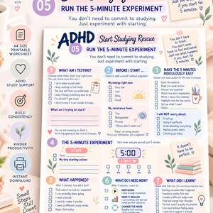 Peut inclure: Une fiche de travail imprimable A4 ADHD Start Studying Rescue présentant un guide d'expérience de 5 minutes. Le document comprend des sections numérotées avec des cases à cocher, des invites pour les niveaux d'énergie et des tâches d'étude.