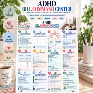 Puede incluir: Un documento imprimible ADHD Bill Command Center con doce secciones numeradas para la organización financiera, que incluye listas de verificación, tablas y avisos para realizar un seguimiento de facturas, fechas de vencimiento y hábitos de pago.