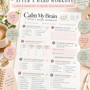 Può includere: Un foglio di lavoro in carta bianca intitolato Calm My Brain After A Hard Workday con otto sezioni numerate contenenti caselle di controllo e suggerimenti per lo scarico mentale, con accenti rosa e verde tenue.