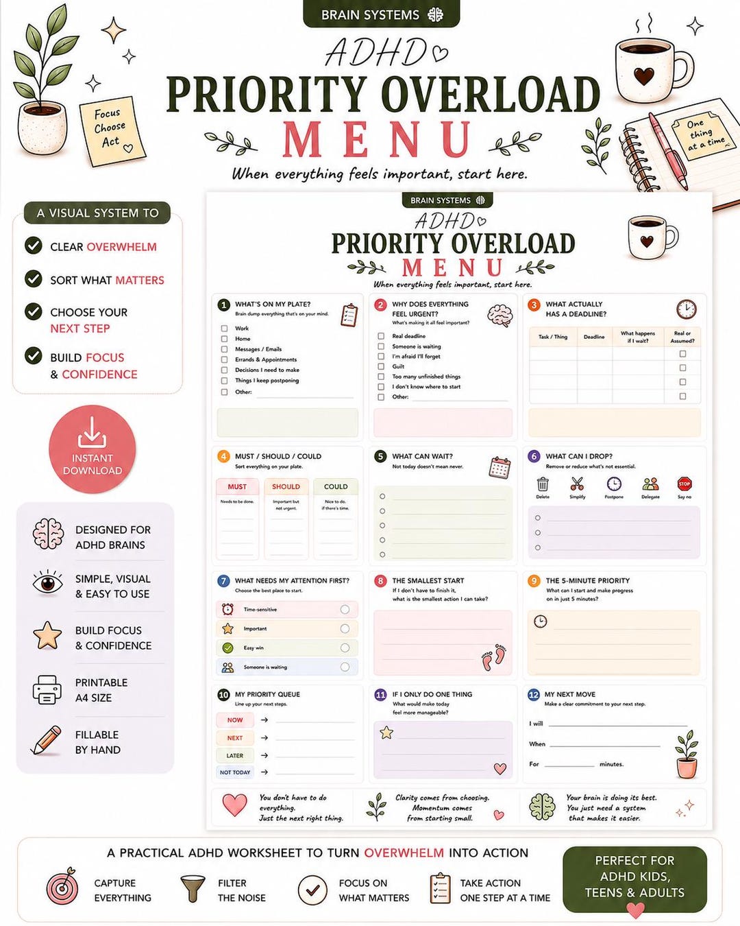 ADHD Priority Overload Menu | Task Prioritization Worksheet (printable ...