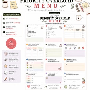 May include: A printable ADHD Priority Overload Menu worksheet featuring twelve numbered sections for task management, including What's On My Plate, What Can Wait, and The 5-Minute Priority. The document uses a light colour palette with icons.