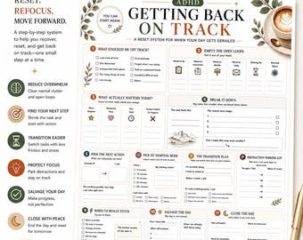 May include: A printable ADHD worksheet titled Getting Back On Track, featuring a twelve-step reset system with checkboxes, icons, and prompts to manage daily tasks, reduce overwhelm, and organize thoughts, presented on a white background.
