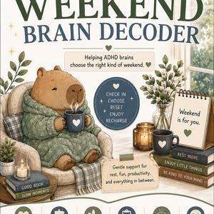 May include: A poster titled WEEKEND BRAIN DECODER featuring a capybara in a green robe holding a mug. Text includes: SLOW DOWN. RESET YOUR BRAIN. ENJOY YOUR WEEKEND. Helping ADHD brains choose the right kind of weekend. Weekend is for you.