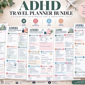May include: An ADHD travel planner bundle featuring five printed checklists and guides with pastel color-coded sections, titled Pre-Trip Brain Dump, Travel Documents, Trip Decision Helper, Travel Medication & Essentials, and My Trip Went Wrong Rescue Plan.
