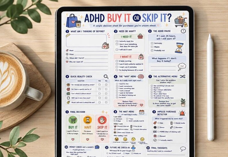 May include: A digital tablet displaying an ADHD Buy It or Skip It decision sheet. The document features twelve sections with checkboxes, icons, and prompts to evaluate purchases, including sections for need versus want, reality checks, and final decisions.