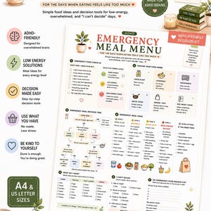 May include: A printable ADHD Emergency Meal Menu document featuring a decision tree, food checklists, and meal ideas. The white page includes sections for energy levels, food modes, and backup lists, with small illustrations of food and plants.