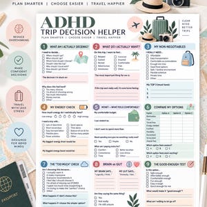 May include: A printable ADHD Trip Decision Helper document featuring ten numbered sections with checkboxes and prompts to assist with travel planning. The layout includes text headers, icons of suitcases, cameras, and maps, designed to reduce overthinking.