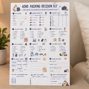 May include: A white paper ADHD Packing Decision Kit featuring twelve numbered sections with checklists, icons, and text including Trip Overview, Packing Decision Map, Clothing Planner, Toiletries, Electronics, Medication, and Packing Reflection.