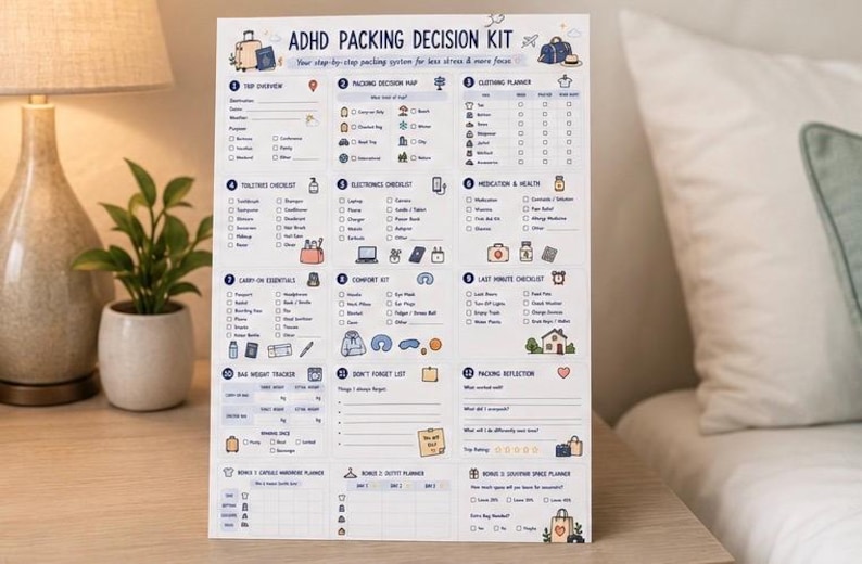 May include: A white paper ADHD Packing Decision Kit featuring twelve numbered sections with checklists, icons, and text including Trip Overview, Packing Decision Map, Clothing Planner, Toiletries, Electronics, Medication, and Packing Reflection.