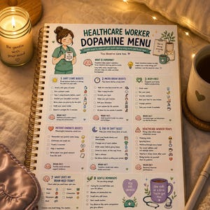 May include: A spiral-bound Healthcare Worker Dopamine Menu planner featuring sections for shift start, micro breaks, body care, patient kindness, end of shift resets, and gentle reminders, illustrated with icons and text for wellness support.