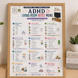May include: A framed poster titled ADHD Living Room Reset Menu, featuring twelve numbered sections with checklists and icons for household tasks. The design includes colorful text, illustrations of cleaning items, and motivational phrases on a white background.