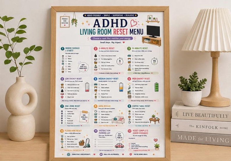 May include: A framed poster titled ADHD Living Room Reset Menu, featuring twelve numbered sections with checklists and icons for household tasks. The design includes colorful text, illustrations of cleaning items, and motivational phrases on a white background.