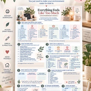 Puede incluir: Una lista de control de reinicio del entorno en formato A4 titulada Everything Feels Like Too Much, que presenta nueve secciones numeradas con casillas de verificación y sugerencias para reducir el desorden físico y mental.