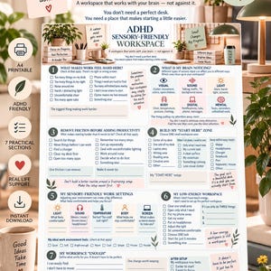Puede incluir: Un planificador imprimible para un espacio de trabajo adaptado al TDAH con siete secciones, listas de verificación y sugerencias para organizar tareas, necesidades sensoriales y entornos de trabajo, con texto e iconos en fondo blanco.