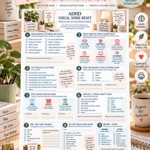 Könnte beinhalten: Ein druckbares Arbeitsblatt zum visuellen Rauschen bei ADHS mit neun nummerierten Abschnitten, Checkboxen und Aufforderungen zur Entrümpelung eines Raums. Das Dokument enthält Textüberschriften, Symbole und Listen zur Reduzierung von Ablenkungen.